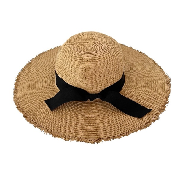 LOFT Straw Floppy Hat Tan Frayed Edge Packable Black Ribbon Summer Beach Light - Picture 3 of 8